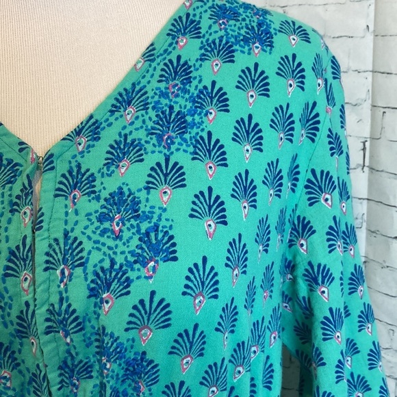 Roller Rabbit Cotton Dress L Block Print Turquoise Blue Tassel Tie Boho Beach - Picture 5 of 16